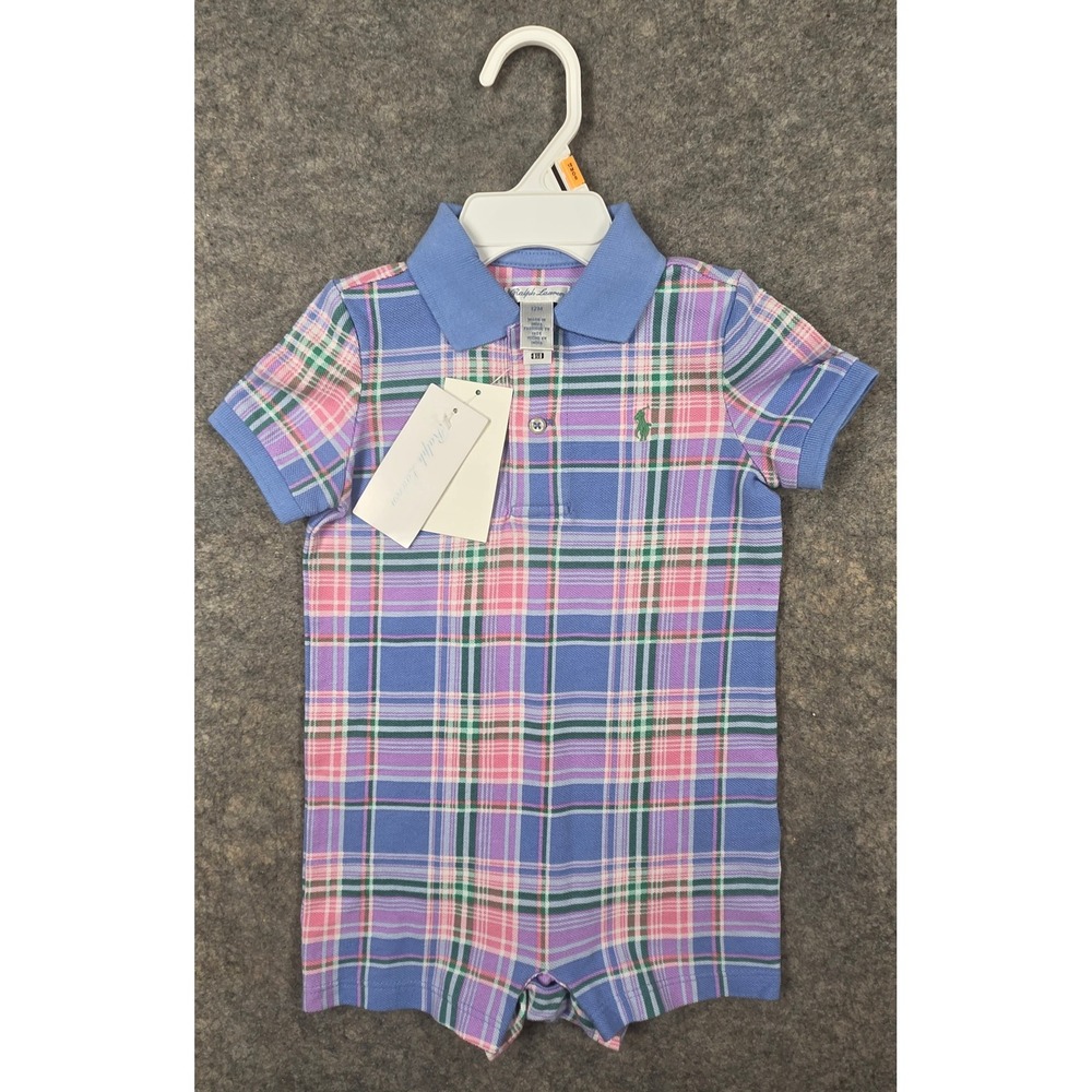 Vintage Ralph Lauren Kids Nantucket Multi Plaid Polo Romper 12M Baby NWT